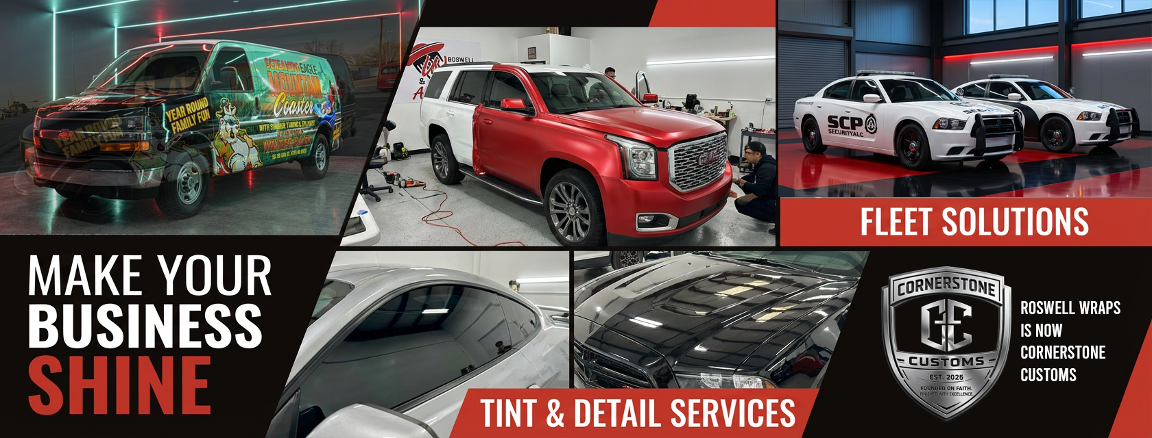 Cornerstone Customs work — wraps, fleet solutions, tint and detail services